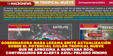 GOBERNADORA MARA LEZAMA EMITE ACTUALIZACIÓN SOBRE EL POTENCIAL CICLÓN TROPICAL NUEVE QUE SE APROXIMA A QUINTANA ROO; CONTINUAMOS EN ALERTA AZUL: PELIGRO MÍNIMO