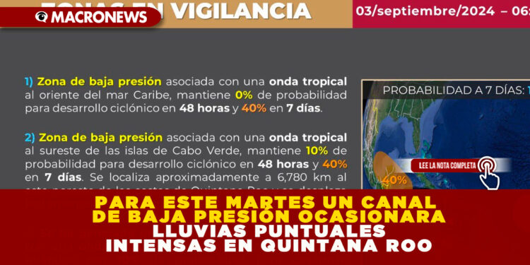 PARA ESTE MARTES UN CANAL DE BAJA PRESIÓN OCASIONARA LLUVIAS PUNTUALES INTENSAS EN QUINTANA ROO