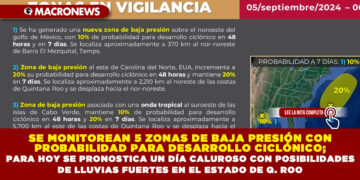 SE MONITOREAN 5 ZONAS DE BAJA PRESIÓN CON PROBABILIDAD PARA DESARROLLO CICLÓNICO; PARA HOY SE PRONOSTICA UN DÍA MUY CALUROSO CON POSIBILIDADES DE LLUVIAS FUERTES EN EL ESTADO DE QUINTANA ROO