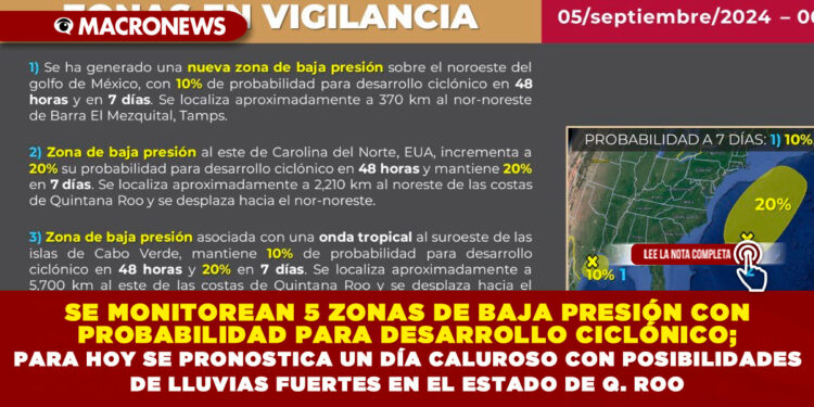 SE MONITOREAN 5 ZONAS DE BAJA PRESIÓN CON PROBABILIDAD PARA DESARROLLO CICLÓNICO; PARA HOY SE PRONOSTICA UN DÍA MUY CALUROSO CON POSIBILIDADES DE LLUVIAS FUERTES EN EL ESTADO DE QUINTANA ROO