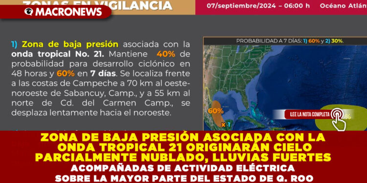 ZONA DE BAJA PRESIÓN ASOCIADA CON LA ONDA TROPICAL 21 ORIGINARÁN CIELO PARCIALMENTE NUBLADO, LLUVIAS FUERTES ACOMPAÑADAS DE ACTIVIDAD ELÉCTRICA SOBRE LA MAYOR PARTE DEL ESTADO DE Q. ROO