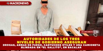 AUTORIDADES DE LOS TRES NIVELES DE GOBIERNO ASEGURAN DROGAS, ARMAS DE FUEGO, CARTUCHOS ÚTILES Y UNA CAMIONETA BLINDADA EN “EL GALLITO”, EN BACALAR
