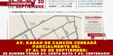 AV. KABAH DE CANCÚN CERRARÁ PARCIALMENTE DEL 27 AL 30 DE SEPTIEMBRE: SE SUGIERE TOMAR AV. COSTA MAYA Y AV. CENTENARIO