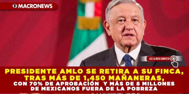 PRESIDENTE AMLO SE RETIRA A SU FINCA, TRAS MÁS DE 1,450 MAÑANERAS, CON 70% DE APROBACIÓN  Y MÁS DE 8 MILLONES DE MEXICANOS FUERA DE LA POBREZA