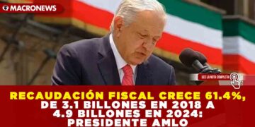 RECAUDACIÓN FISCAL CRECE 61.4%, DE 3.1 BILLONES EN 2018 A 4.9 BILLONES EN 2024: PRESIDENTE AMLO