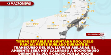 TIEMPO ESTABLE EN QUINTANA ROO, CIELO PARCIALMENTE NUBLADO DURANTE EL TRANSCURSO DEL DÍA, LLUVIAS AISLADAS, EL AMBIENTE SERÁ MUY CALUROSO A BOCHORNOSO DURANTE EL DÍA Y CÁLIDO POR LA NOCHE
