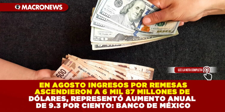  EN AGOSTO INGRESOS POR REMESAS ASCENDIERON A 6 MIL 87 MILLONES DE DÓLARES, REPRESENTÓ AUMENTO ANUAL DE 9.3 POR CIENTO: BANCO DE MÉXICO