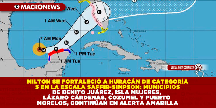 MILTON SE FORTALECIÓ A HURACÁN DE CATEGORÍA 5 EN LA ESCALA SAFFIR-SIMPSON: MUNICIPIOS DE BENITO JUÁREZ, ISLA MUJERES, LÁZARO CÁRDENAS, COZUMEL Y PUERTO MORELOS, CONTINÚAN EN ALERTA AMARILLA