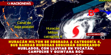 HURACÁN MILTON SE DEGRADA A CATEGORÍA 4, SUS BANDAS NUBOSAS SEGUIRÁN GENERANDO NUBLADOS, CON LLUVIAS EN YUCATÁN, CAMPECHE Y QUINTANA ROO