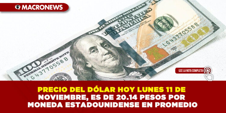 PRECIO DEL DÓLAR HOY LUNES 11 DE NOVIEMBRE, ES DE 20.14 PESOS POR MONEDA ESTADOUNIDENSE EN PROMEDIO