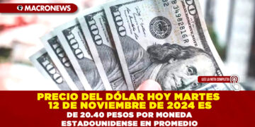 PRECIO DEL DÓLAR HOY MARTES 12 DE NOVIEMBRE DE 2024 ES DE 20.40 PESOS POR MONEDA ESTADOUNIDENSE EN PROMEDIO