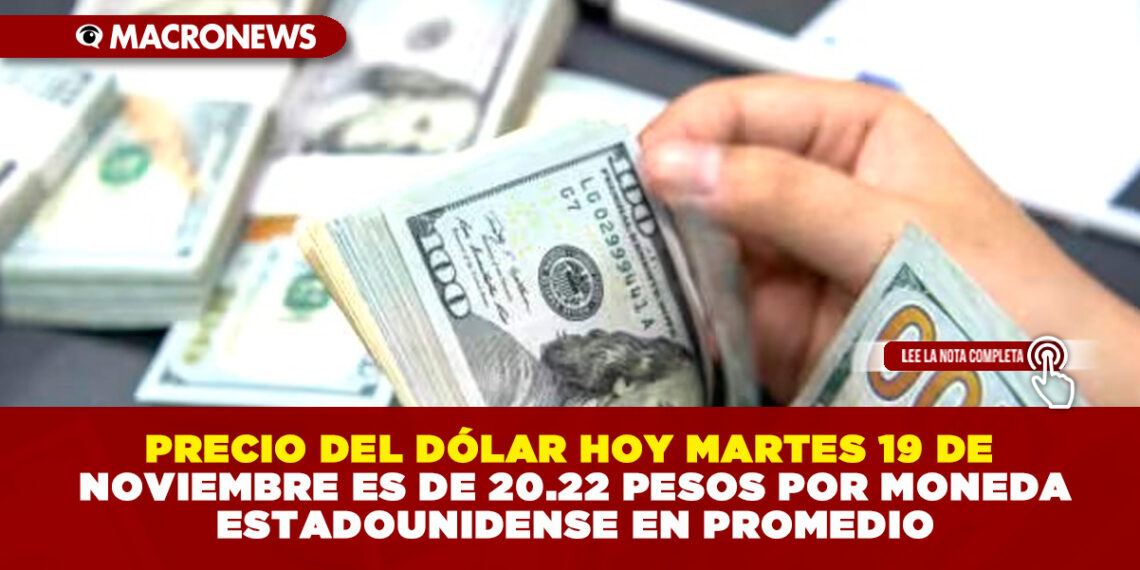 PRECIO DEL DÓLAR HOY MARTES 19 DE NOVIEMBRE ES DE 20.22 PESOS POR MONEDA ESTADOUNIDENSE EN PROMEDIO