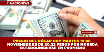 PRECIO DEL DÓLAR HOY MARTES 19 DE NOVIEMBRE ES DE 20.22 PESOS POR MONEDA ESTADOUNIDENSE EN PROMEDIO