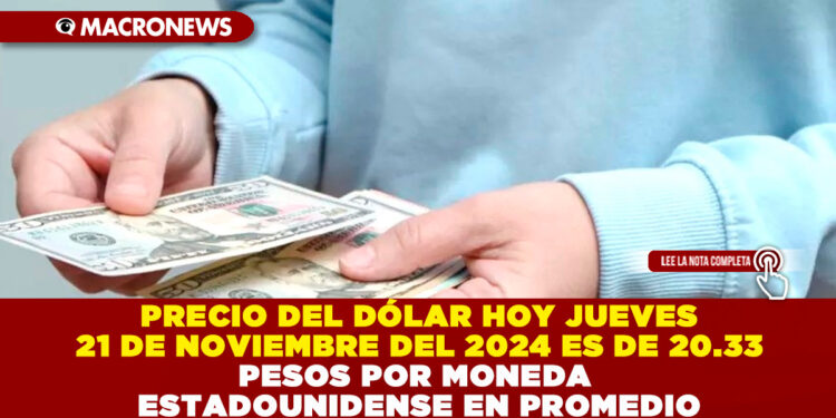 PRECIO DEL DÓLAR HOY JUEVES 21 DE NOVIEMBRE DEL 2024 ES DE 20.33 PESOS POR MONEDA ESTADOUNIDENSE EN PROMEDIO