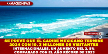 SE PREVÉ QUE EL CARIBE MEXICANO TERMINE 2024 CON 10. 3 MILLONES DE VISITANTES INTERNACIONALES, UN AUMENTO DEL 2. 5% COMPARADO CON EL AÑO RÉCORD DE 2023