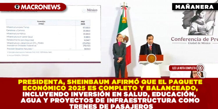 PRESIDENTA, SHEINBAUM AFIRMÓ QUE EL PAQUETE ECONÓMICO 2025 ES COMPLETO Y BALANCEADO, INCLUYENDO INVERSIÓN EN SALUD, EDUCACIÓN, AGUA Y PROYECTOS DE INFRAESTRUCTURA COMO TRENES DE PASAJEROS