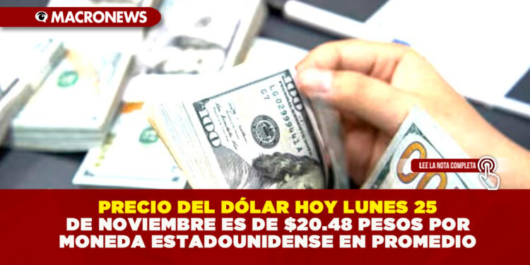 PRECIO DEL DÓLAR HOY LUNES 25 DE NOVIEMBRE ES DE $20.48 PESOS POR MONEDA ESTADOUNIDENSE EN PROMEDIO
