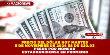 PRECIO DEL DÓLAR HOY MARTES 5 DE NOVIEMBRE DE 2024 ES DE $20.03 PESOS POR MONEDA ESTADOUNIDENSE EN PROMEDIO