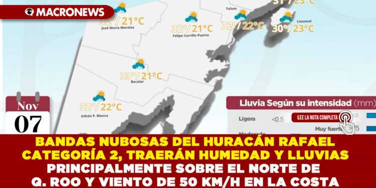 BANDAS NUBOSAS DEL HURACÁN RAFAEL CATEGORÍA 2, TRAERÁN HUMEDAD Y LLUVIAS PRINCIPALMENTE SOBRE EL NORTE DE QUINTANA ROO Y VIENTO DE 50 KM/H EN LA COSTA