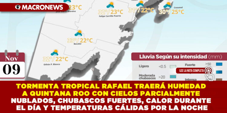 TORMENTA TROPICAL RAFAEL TRAERÁ HUMEDAD A QUINTANA ROO CON CIELOS PARCIALMENTE NUBLADOS, CHUBASCOS FUERTES, CALOR DURANTE EL DÍA Y TEMPERATURAS CÁLIDAS POR LA NOCHE