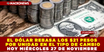 EL DÓLAR REBASA LOS $21 PESOS POR UNIDAD EN EL TIPO DE CAMBIO, HOY MIÉRCOLES 27 DE NOVIEMBRE