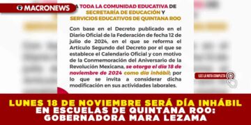 LUNES 18 DE NOVIEMBRE SERÁ DÍA INHÁBIL EN ESCUELAS DE QUINTANA ROO: GOBERNADORA MARA LEZAMA