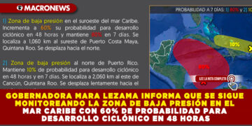 GOBERNADORA MARA LEZAMA INFORMA QUE SE SIGUE MONITOREANDO LA ZONA DE BAJA PRESIÓN EN EL MAR CARIBE CON 60% DE PROBABILIDAD PARA DESARROLLO CICLÓNICO EN 48 HORAS