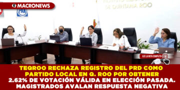 TEQROO RECHAZA REGISTRO DEL PRD COMO PARTIDO LOCAL EN Q. ROO POR OBTENER 2.62% DE VOTACIÓN VÁLIDA EN ELECCIÓN PASADA. MAGISTRADOS AVALAN RESPUESTA NEGATIVA