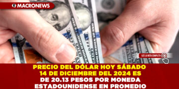 PRECIO DEL DÓLAR HOY SÁBADO 14 DE DICIEMBRE DEL 2024 ES DE 20.13 PESOS POR MONEDA ESTADOUNIDENSE EN PROMEDIO
