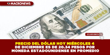 PRECIO DEL DÓLAR HOY MIÉRCOLES 4 DE DICIEMBRE ES DE 20.34 PESOS POR MONEDA ESTADOUNIDENSE EN PROMEDIO