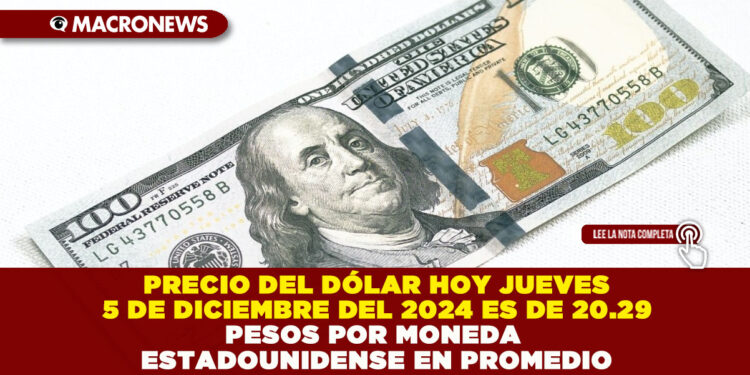 PRECIO DEL DÓLAR HOY JUEVES 5 DE DICIEMBRE DEL 2024 ES DE 20.29 PESOS POR MONEDA ESTADOUNIDENSE EN PROMEDIO