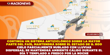 CONTINÚA UN SISTEMA ANTICICLÓNICO SOBRE LA MAYOR PARTE DEL PAÍS, MANTENDRÁ SOBRE EL ESTADO DE QUINTANA ROO CIELO PARCIALMENTE NUBLADO CON LLUVIAS DISPERSAS, AMBIENTE CÁLIDO DURANTE EL DÍA Y TEMPLADO A FRESCO POR LA NOCHE