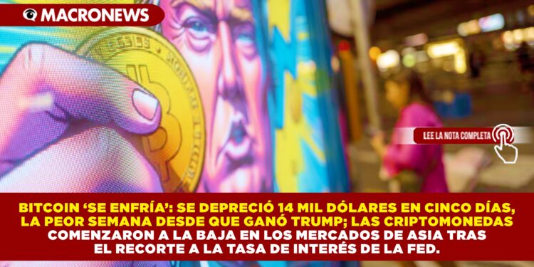 BITCOIN ‘SE ENFRÍA’: SE DEPRECIÓ 14 MIL DÓLARES EN CINCO DÍAS, LA PEOR SEMANA DESDE QUE GANÓ TRUMP; LAS CRIPTOMONEDAS COMENZARON A LA BAJA EN LOS MERCADOS DE ASIA TRAS EL RECORTE A LA TASA DE INTERÉS DE LA FED.