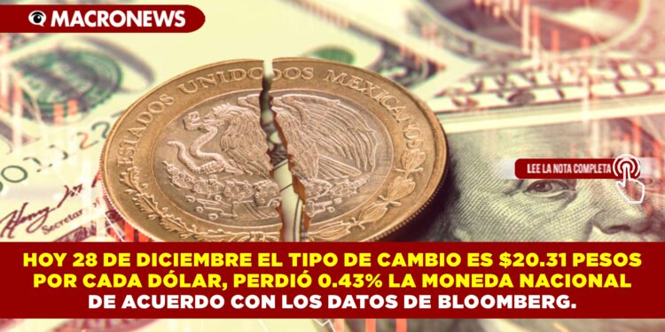 HOY 28 DE DICIEMBRE EL TIPO DE CAMBIO ES $20.31 PESOS POR CADA DÓLAR, PERDIÓ 0.43% LA MONEDA NACIONAL DE ACUERDO CON LOS DATOS DE BLOOMBERG.