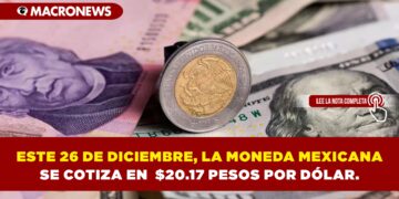 ESTE 26 DE DICIEMBRE, LA MONEDA MEXICANA SE COTIZA EN $20.17 PESOS POR DÓLAR.