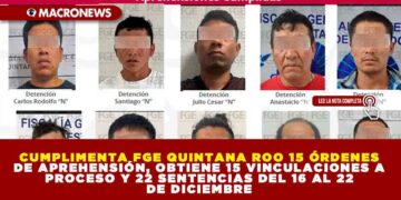 CUMPLIMENTA FGE QUINTANA ROO 15 ÓRDENES DE APREHENSIÓN, OBTIENE 15 VINCULACIONES A PROCESO Y 22 SENTENCIAS DEL 16 AL 22 DE DICIEMBRE