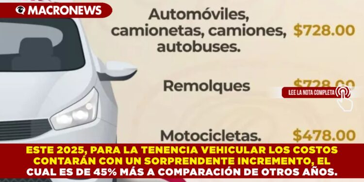 ESTE 2025, PARA LA TENENCIA VEHICULAR LOS COSTOS CONTARÁN CON UN SORPRENDENTE INCREMENTO, EL CUAL ES DE 45% MÁS A COMPARACIÓN DE OTROS AÑOS.