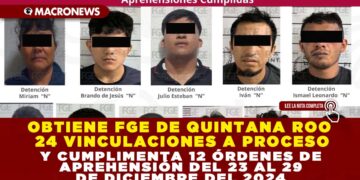 OBTIENE FGE DE QUINTANA ROO 24 VINCULACIONES A PROCESO Y CUMPLIMENTA 12 ÓRDENES DE APREHENSIÓN DEL 23 AL 29 DE DICIEMBRE DEL 2024