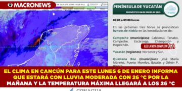 EN CANCÚN PARA ESTE LUNES 6 DE ENERO SE INFORMA QUE ESTARÁ CON LLUVIA MODERADA Y LA TEMPERATURA MÁXIMA LLEGARÁ A LOS 26 °C