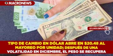 TIPO DE CAMBIO EN DÓLAR ABRE EN $20.48 AL MAYOREO POR UNIDAD; DESPUÉS DE UNA VOLATILIDAD EN DICIEMBRE, EL PESO SE RECUPERA