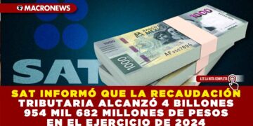 SAT INFORMÓ QUE LA RECAUDACIÓN TRIBUTARIA ALCANZÓ 4 BILLONES 954 MIL 682 MILLONES DE PESOS EN EL EJERCICIO DE 2024