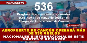 AEROPUERTO DE CANCÚN OPERARÁ MÁS DE 530 VUELOS NACIONALES E INTERNACIONALES ESTE MARTES 11 DE MARZO