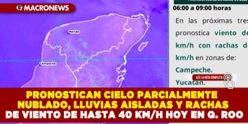 PRONOSTICAN CIELO PARCIALMENTE NUBLADO, LLUVIAS AISLADAS Y RACHAS DE VIENTO DE HASTA 40 KM/H HOY EN QUINTANA ROO
