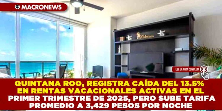 QUINTANA ROO, REGISTRA CAÍDA DEL 13.5% EN RENTAS VACACIONALES ACTIVAS EN EL PRIMER TRIMESTRE DE 2025, PERO SUBE TARIFA PROMEDIO A 3,429 PESOS POR NOCHE