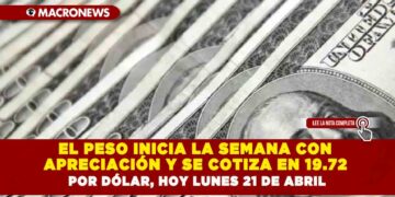 EL PESO INICIA LA SEMANA CON APRECIACIÓN Y SE COTIZA EN 19.72 POR DÓLAR, HOY LUNES 21 DE ABRIL
