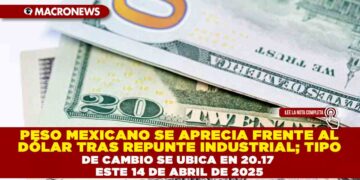 PESO MEXICANO SE APRECIA FRENTE AL DÓLAR TRAS REPUNTE INDUSTRIAL; TIPO DE CAMBIO SE UBICA EN 20.17 ESTE 14 DE ABRIL DE 2025
