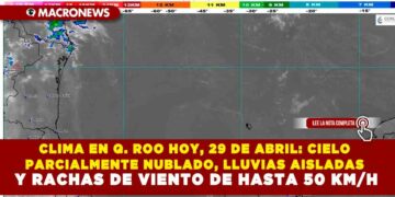 CLIMA EN QUINTANA ROO HOY, 29 DE ABRIL: CIELO PARCIALMENTE NUBLADO, LLUVIAS AISLADAS Y RACHAS DE VIENTO DE HASTA 50 KM/H