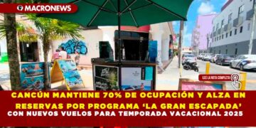 CANCÚN MANTIENE 70% DE OCUPACIÓN Y ALZA EN RESERVAS POR PROGRAMA ‘LA GRAN ESCAPADA’ CON NUEVOS VUELOS PARA TEMPORADA VACACIONAL 2025