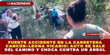 FUERTE ACCIDENTE EN LA CARRETERA CANCÚN–LEONA VICARIO: AUTO SE SALE DEL CAMINO Y CHOCA CONTRA UN ÁRBOL