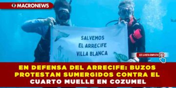 EN DEFENSA DEL ARRECIFE: BUZOS PROTESTAN SUMERGIDOS CONTRA EL CUARTO MUELLE EN COZUMEL